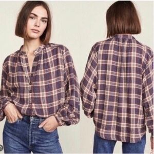 Free People Northern Bound Plaid Popover Top Moonlit Combo Oversized Size XS